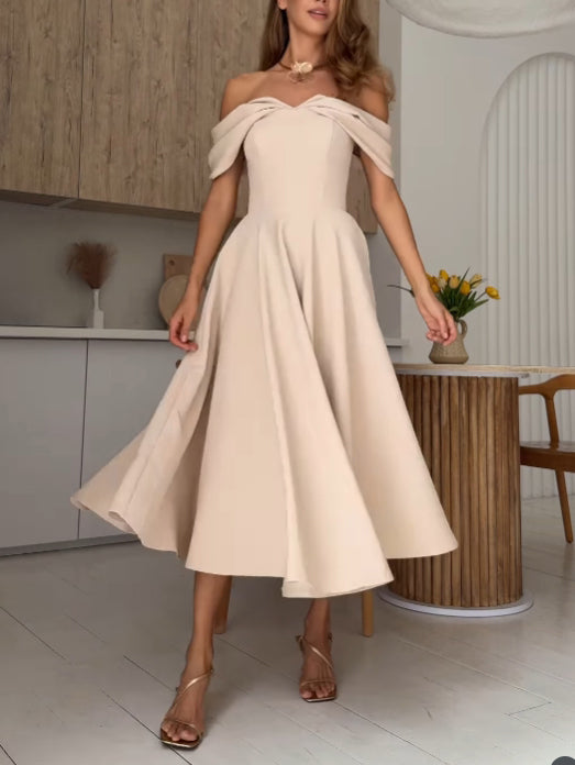 Candela | Vestido maxi elegante con hombros descubiertos y drapeado
