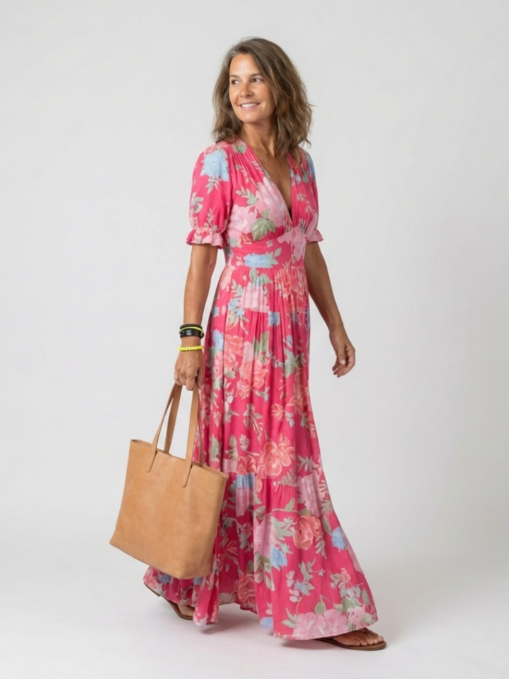 Aurora | Vestido midi con estampado floral de manga corta y escote en V