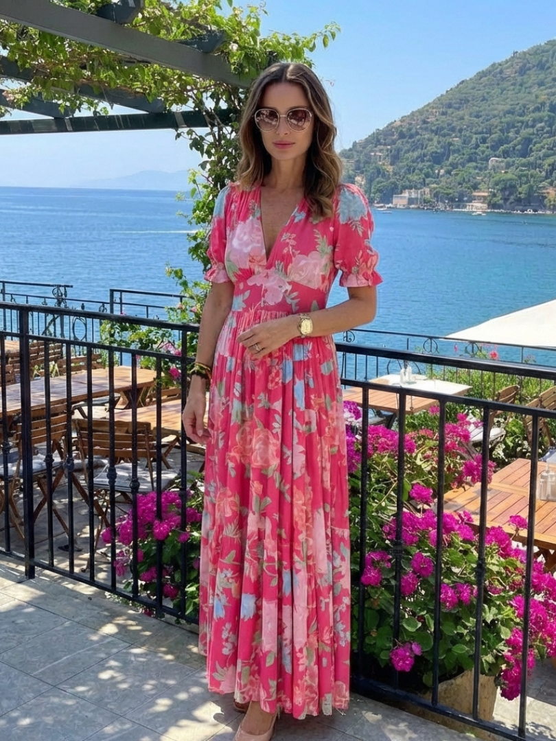 Aurora | Vestido midi con estampado floral de manga corta y escote en V