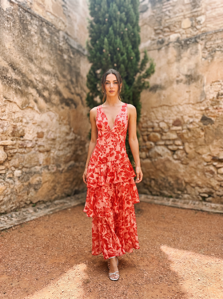 Vestido con Estampado Floral y Escote Profundo